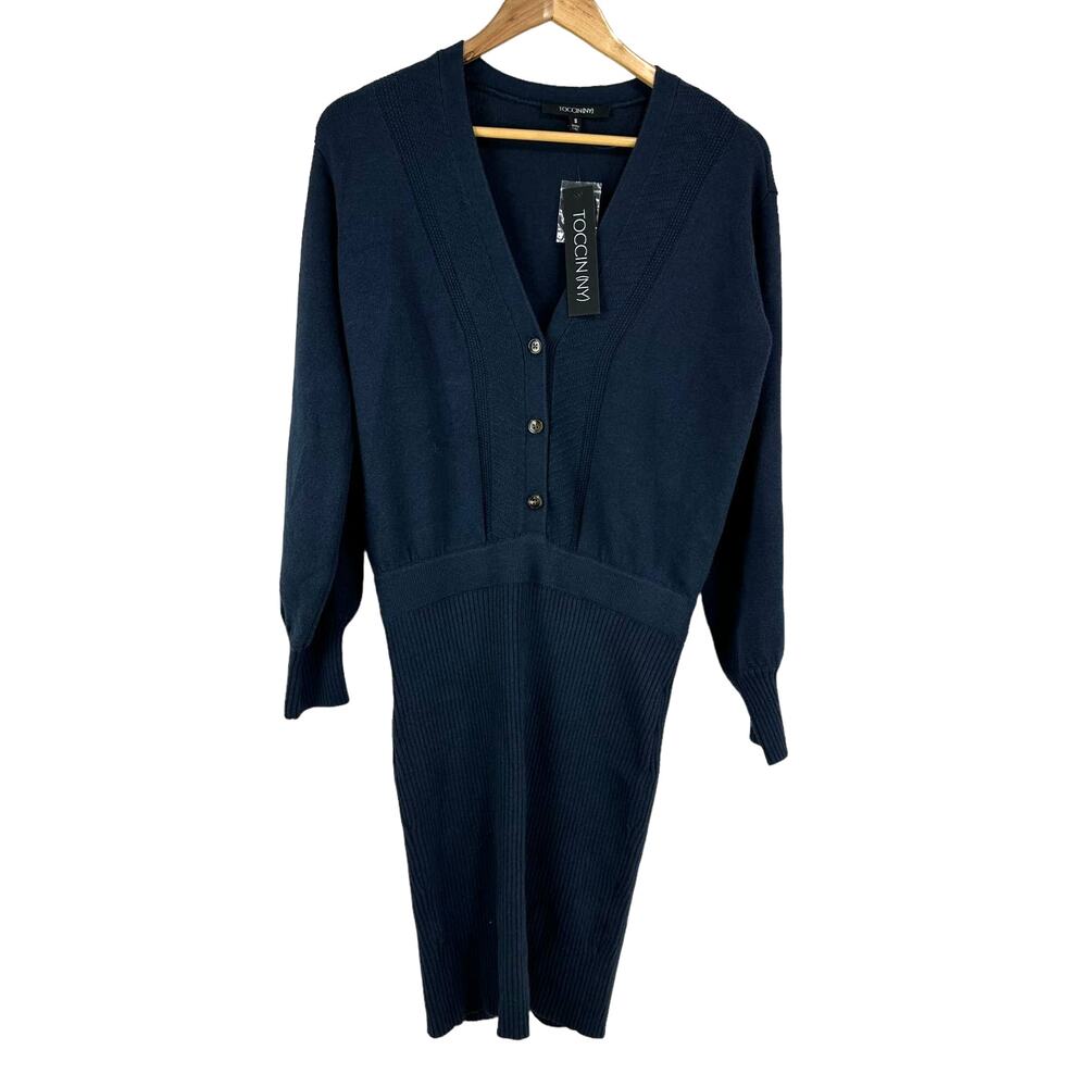 TOCCIN NY NWT Felicity Long Sleeve Ribbed Knit Sweater Dress Navy Size Small